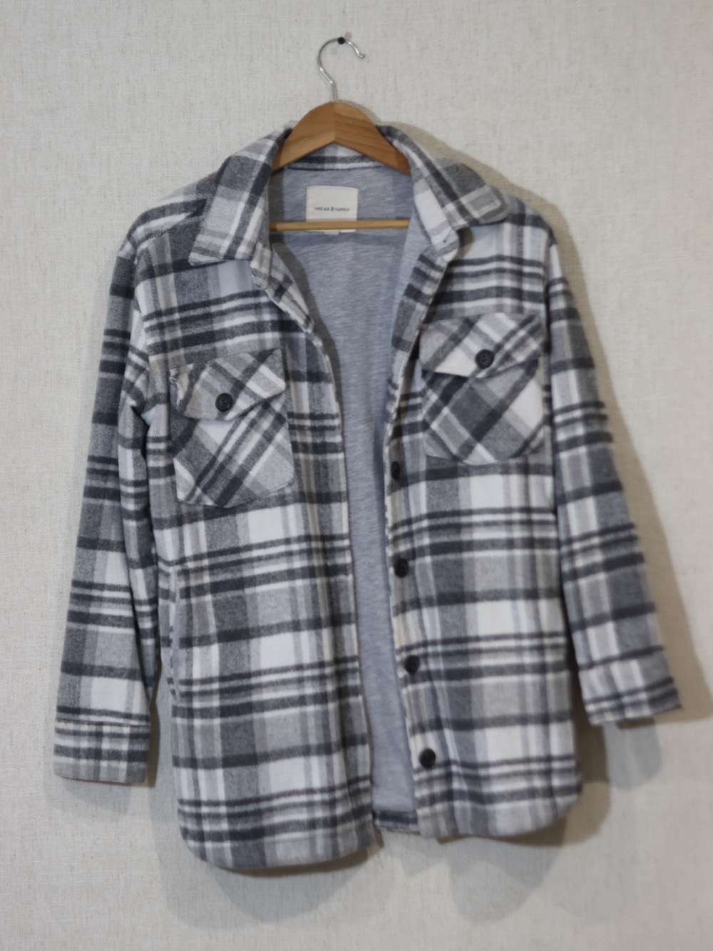 Thread & Supply Gray and White Plaid Puffer Jacket